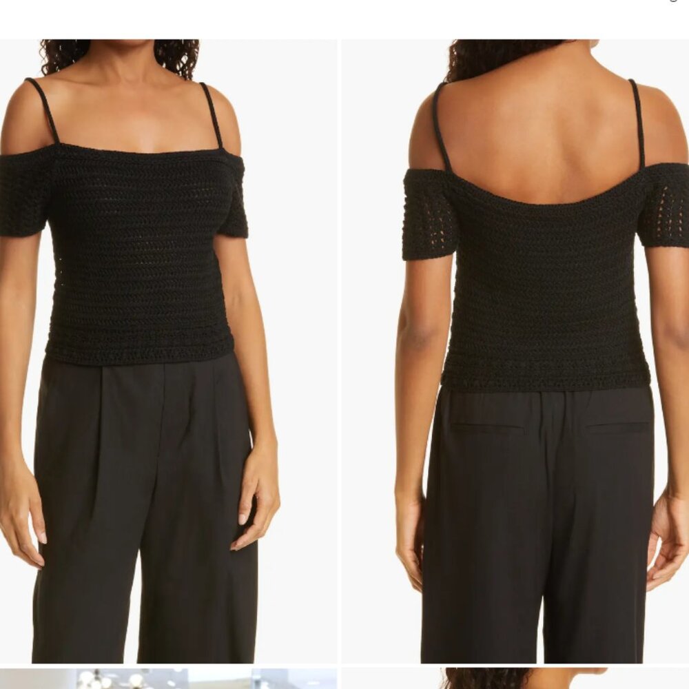 Vince Open Shoulder Organic Cotton Crochet Top Black NWT